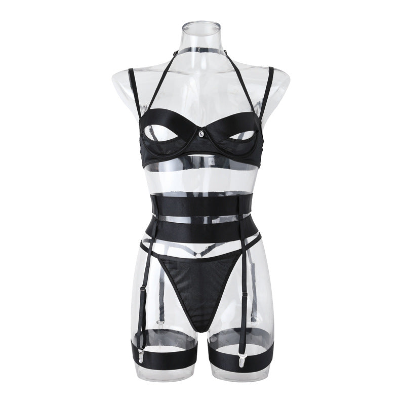 Elegant Black Bra and Panties Set with Chest Cutout - Ideal for B2B Lingerie Retailers Front View