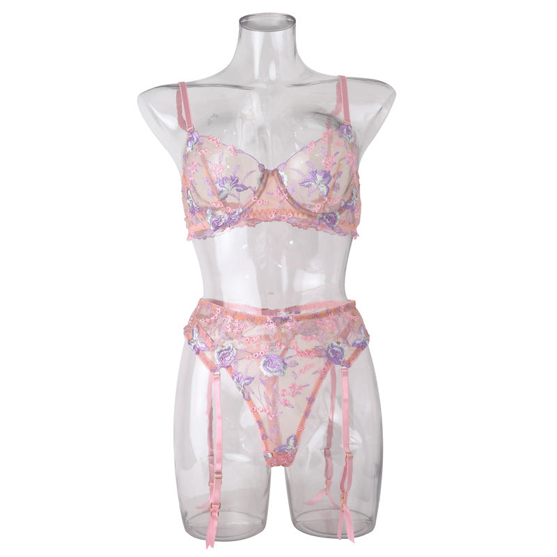 Stunning Sexy Bra and Panties Set with Purple Embroidery - B2B Lingerie Supplier Front View